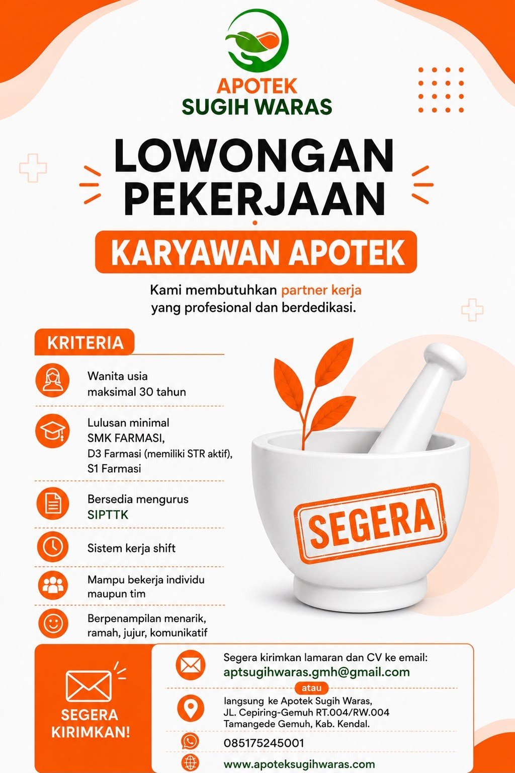 Lowongan kerja Karyawan Apotek Sugih Waras